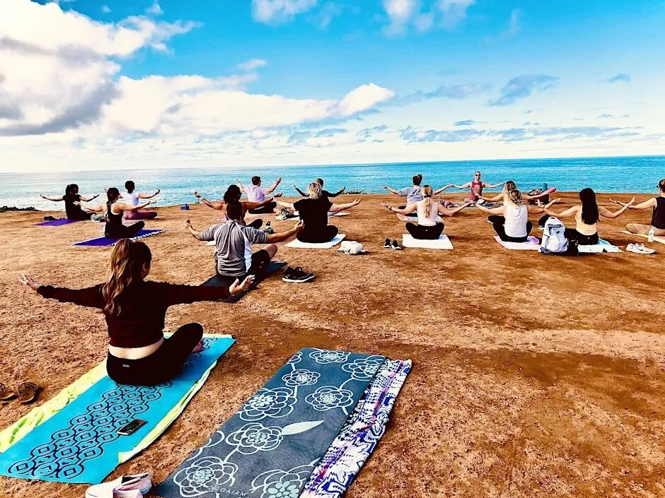 Participants enjoy the scenic 'Yoga on the Cliffs' sessions at Osprey Point, Ocean Beach, every Saturday, 10:30 AM in summer.